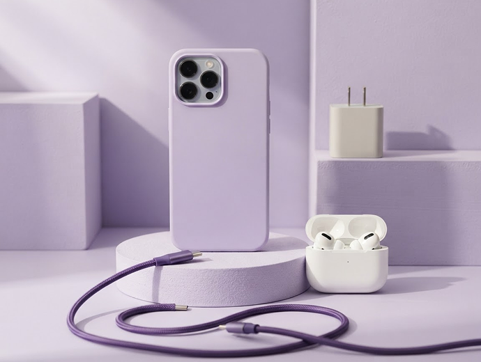 Celular, fones sem fio, carregador e cabo em tons lilás